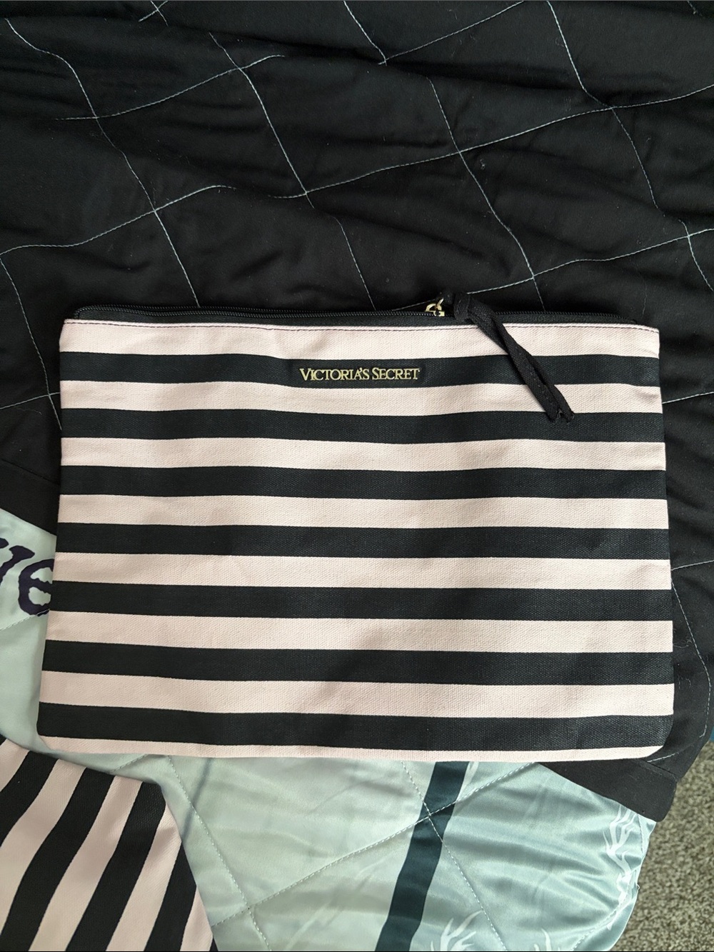 Victoria's Secret Black and Pink Striped Tote with Matching Pouch - Picture 3 of 5